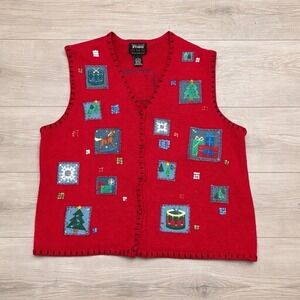 Studio Fa La La Christmas Sweater Vest Red Patchwork Holiday Ugly Sweater L